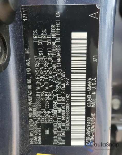 2012 Toyota Highlander Base из США, поврежденный, VIN 5TDZK3EH3CS061782